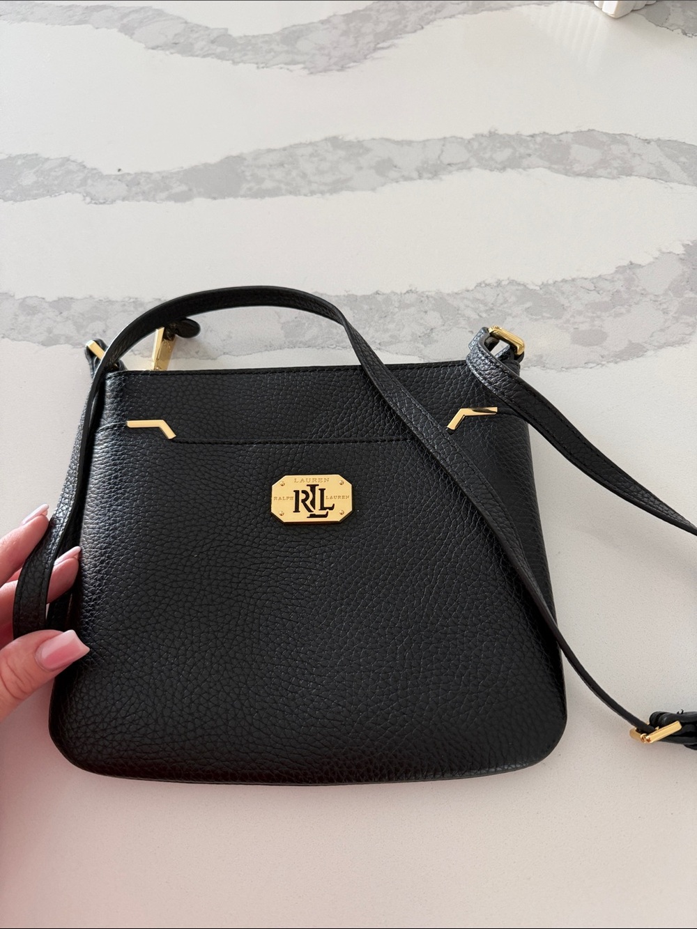 Ralph Lauren Black Pebbled Leather Small Crossbody with Gold Hardware